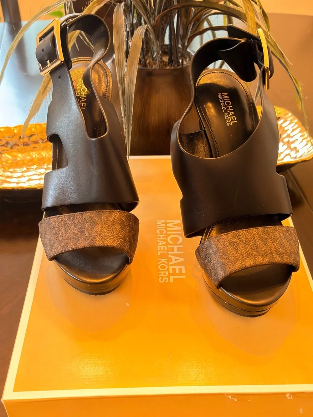MICHAEL Michael Kors Carla Black Leather & Brown Logo-Print Wedge Sandals